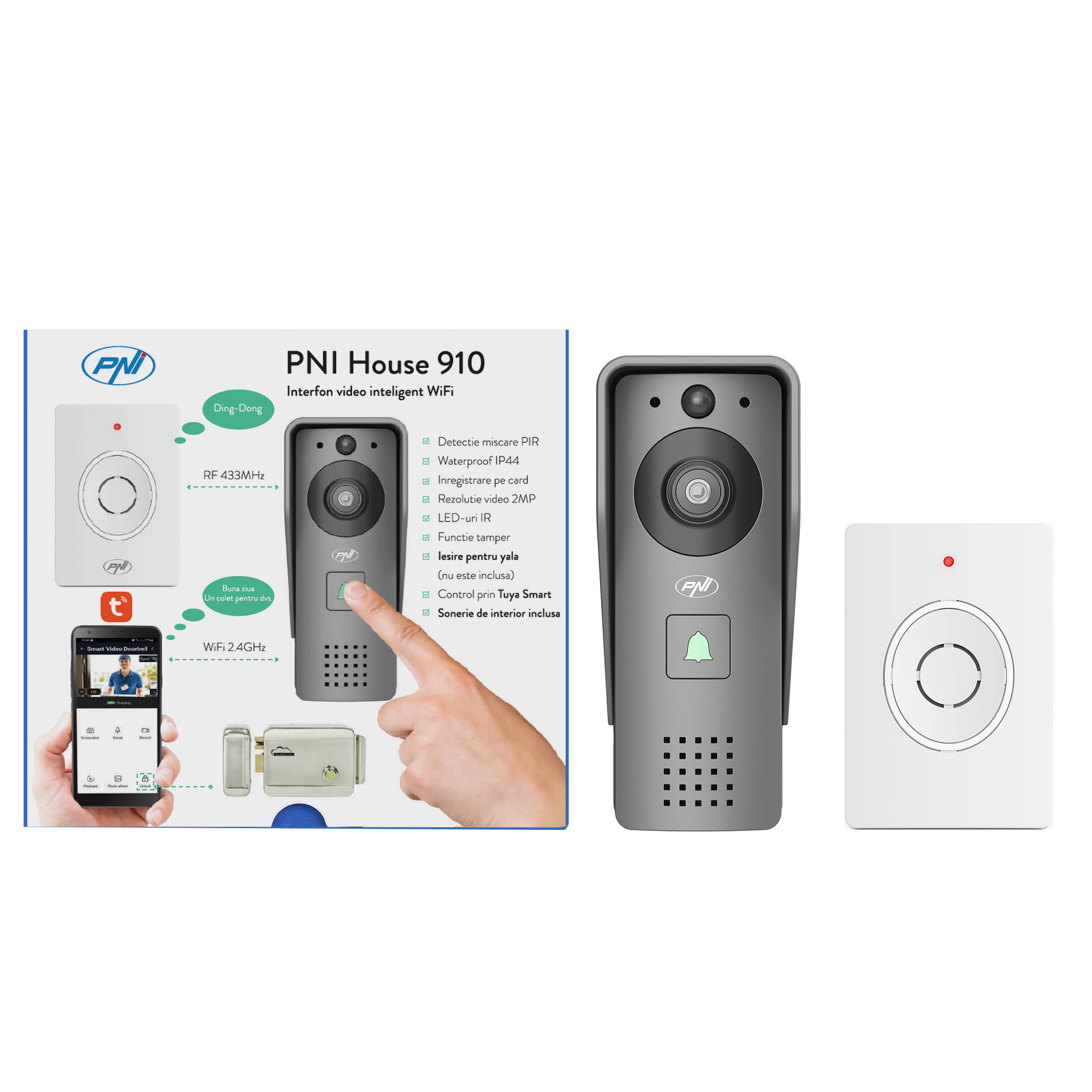 Interphone vidéo WiFi intelligent PNI House 910 HD avec application Tuya Smart et contrôle gâche électrique (Yala)