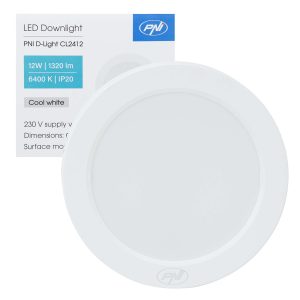 Plafonnier LED PNI D-Light CL2412 12W 1320 lm – Blanc Froid 6400K, Rond Ø16,7 cm, 230V