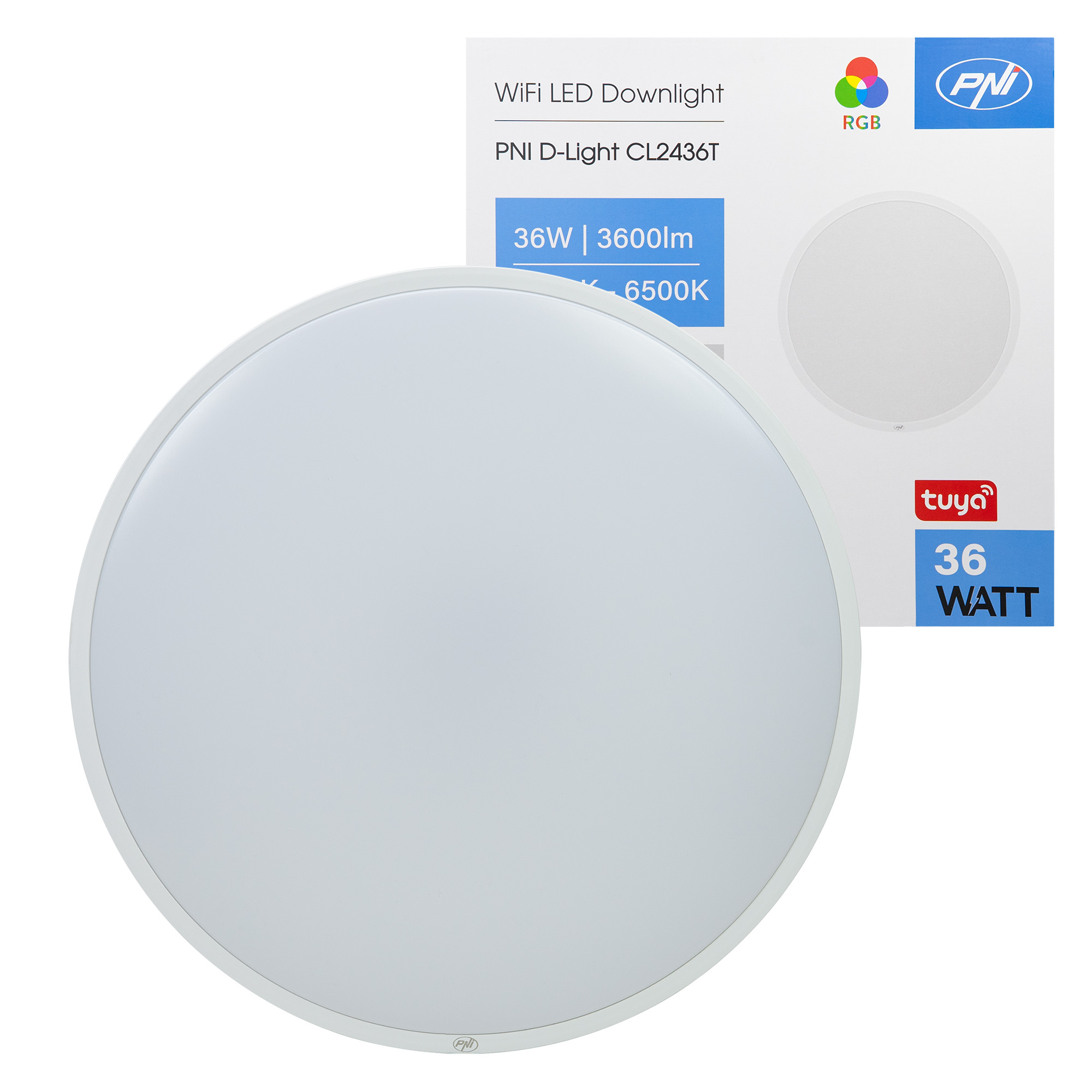 Plafonnier LED WiFi RGBW PNI D-Light CL2436T 36W Dimmable – Compatible Tuya, 3600 lm, Blanc Variable 3000K à 6500K