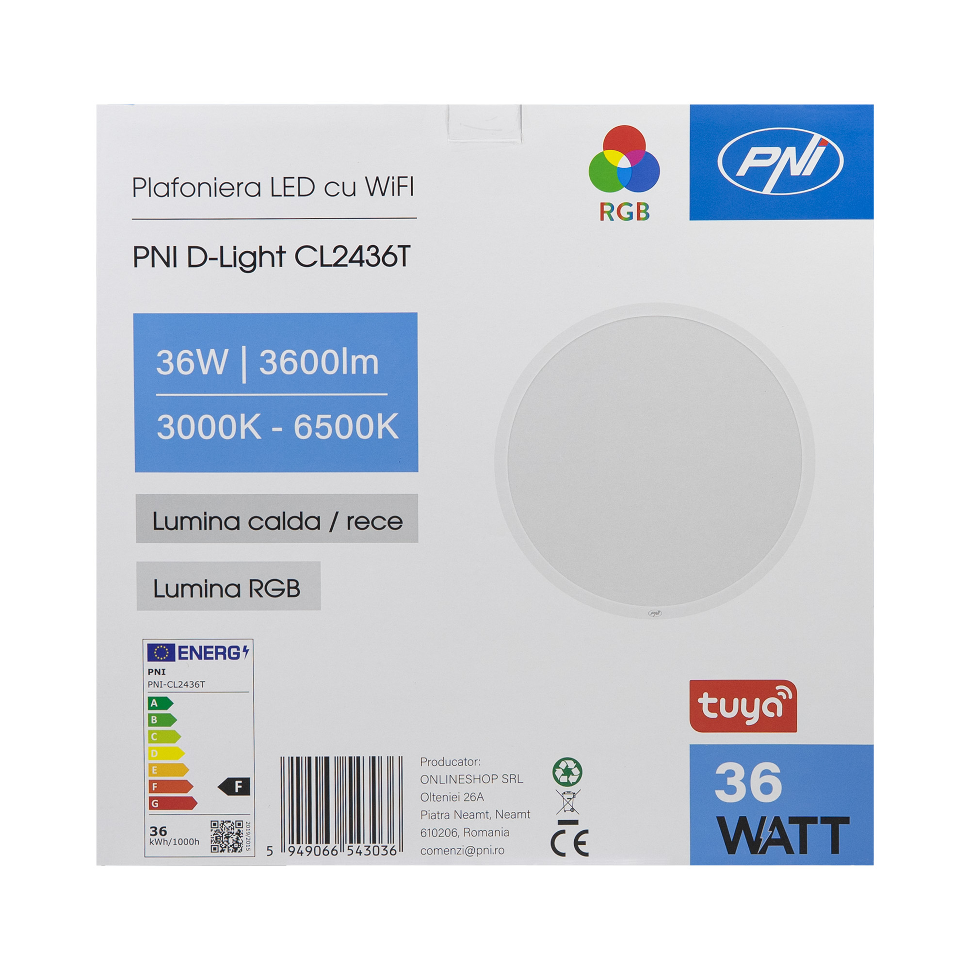 Plafonnier LED WiFi RGBW PNI D-Light CL2436T 36W Dimmable – Compatible Tuya, 3600 lm, Blanc Variable 3000K à 6500K – Image 7