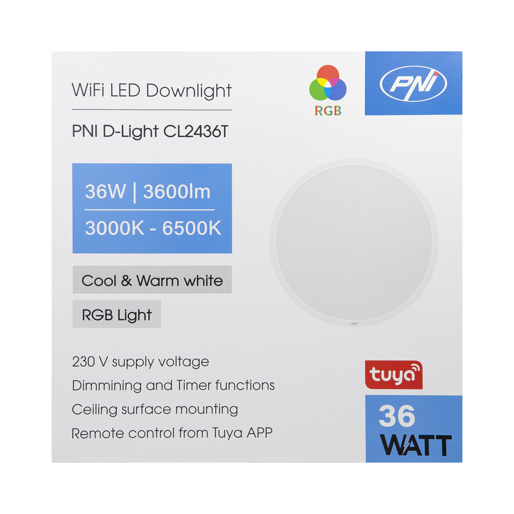 Plafonnier LED WiFi RGBW PNI D-Light CL2436T 36W Dimmable – Compatible Tuya, 3600 lm, Blanc Variable 3000K à 6500K – Image 10