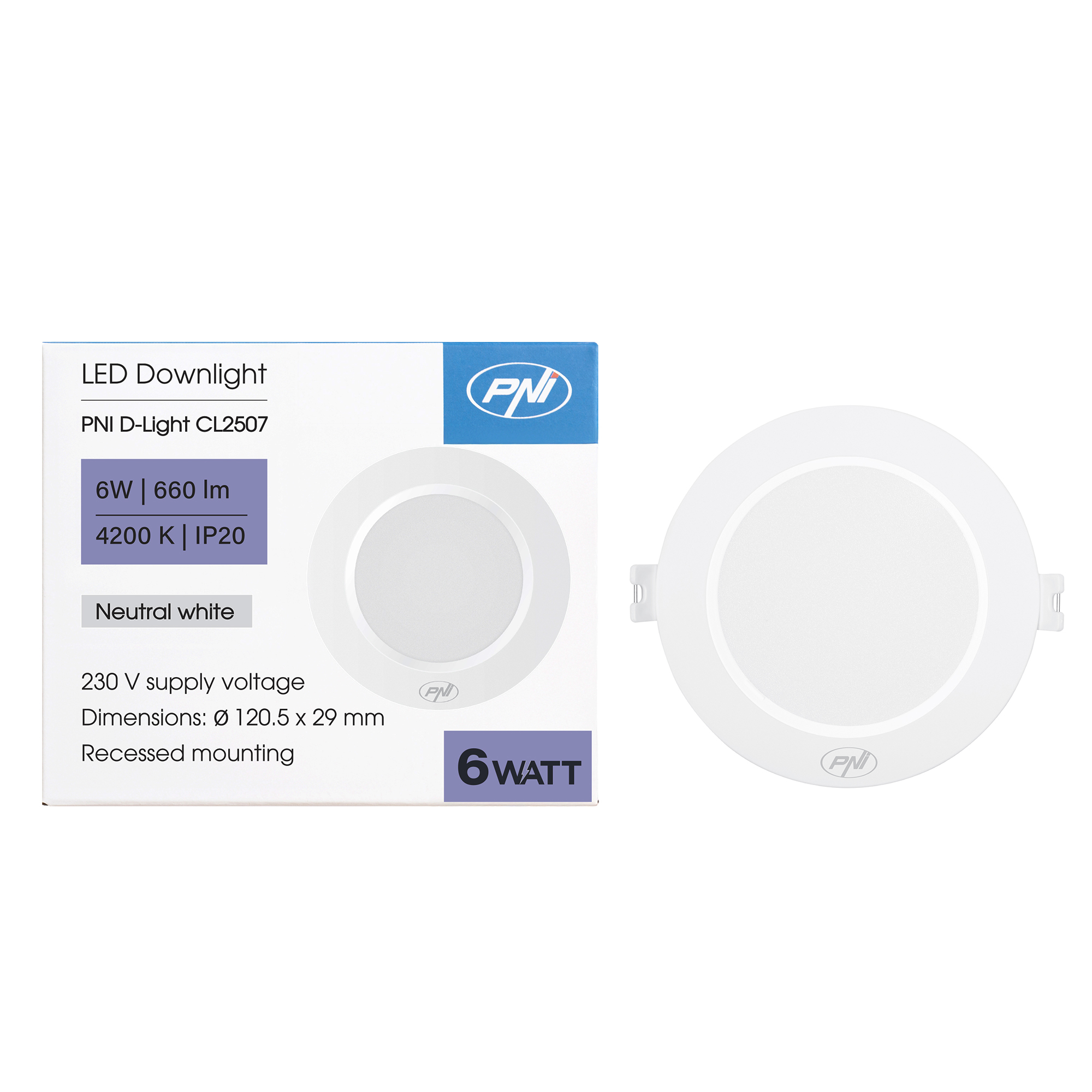 Spot LED Encastrable 6W PNI D-Light CL2507 – 660 Lumens, Blanc Neutre 4200K, Downlight Rond Intérieur