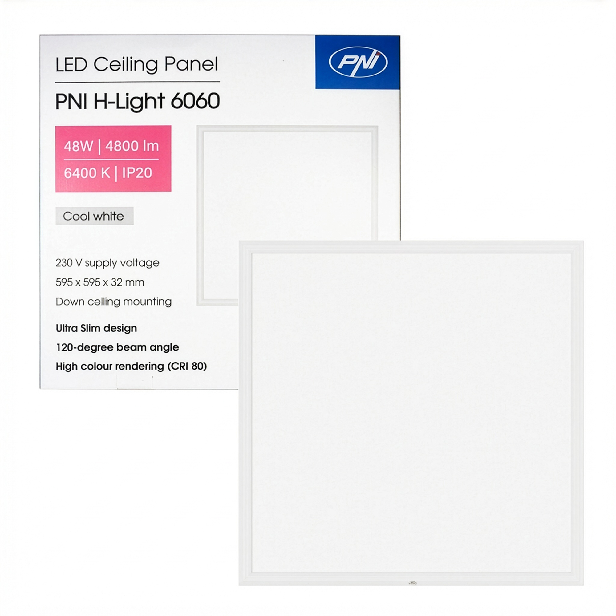 Panneau LED encastrable 60x60 48W blanc froid 6400K PNI H-Light 4800 lm