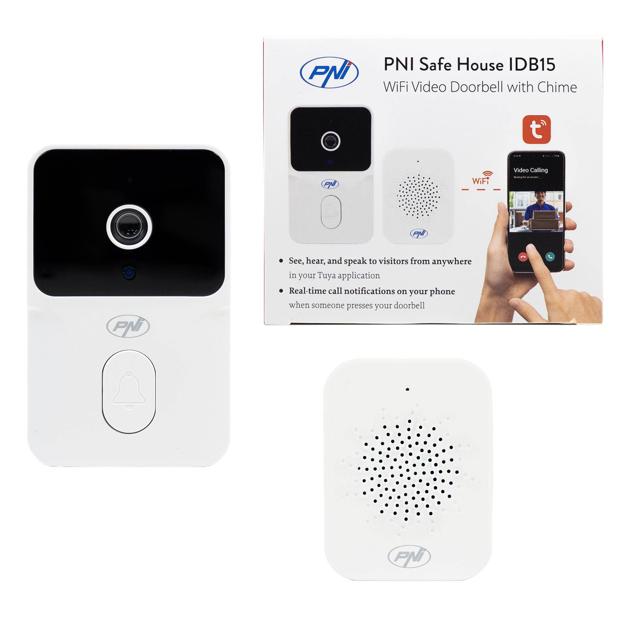 Sonnette vidéo WiFi connectée PNI IDB15 avec batterie, vision nocturne et application Tuya