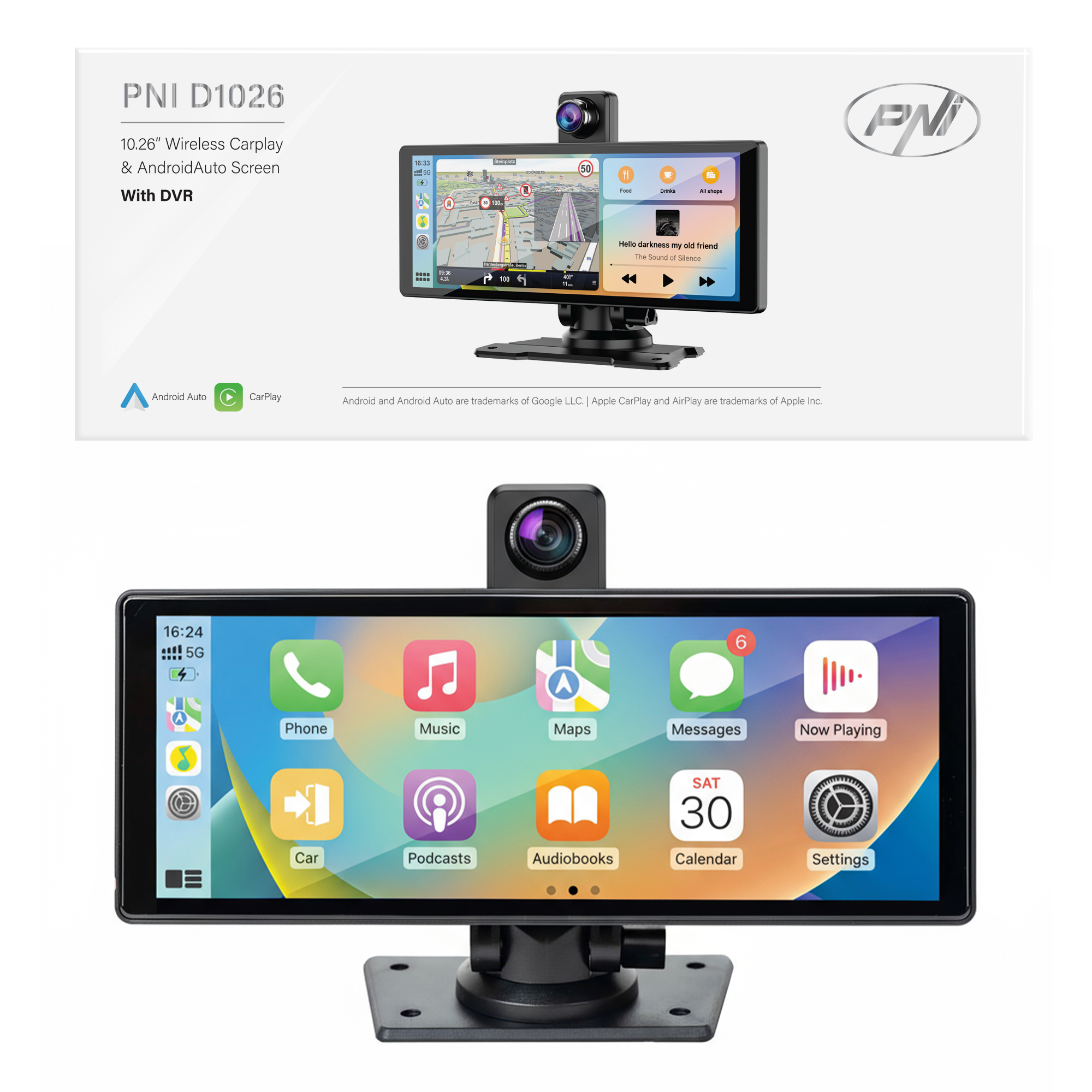 Moniteur Voiture PNI D1026 avec DVR 10,26" – CarPlay & Android Auto Sans Fil, Double Caméra, Bluetooth, GPS