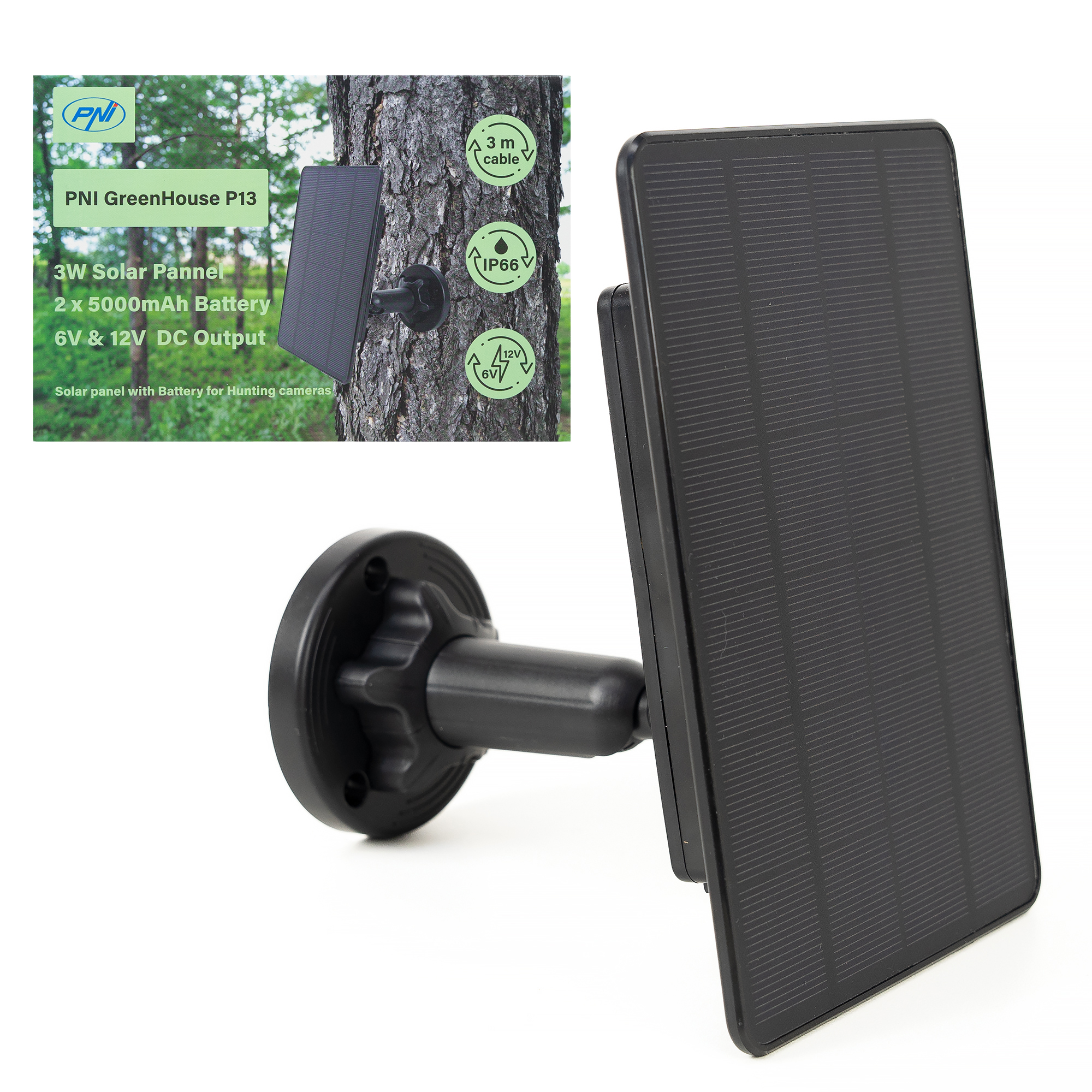 Panneau Solaire PNI GreenHouse P13 avec Batterie 5200 mAh – Chargeur 6V/12V IP66 pour Caméras de Chasse
